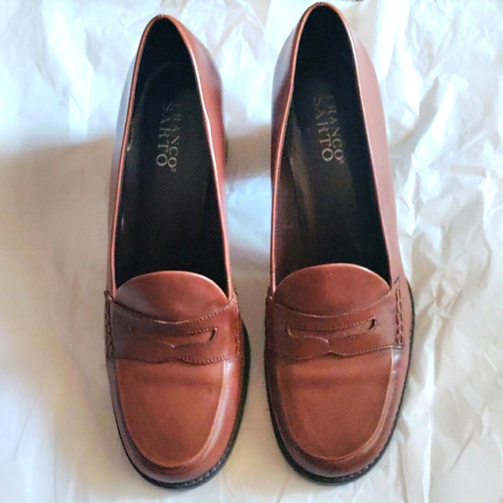 Franco Sarto Preppy Brown Leather Block Heel Penny Loafers Women's Size 10